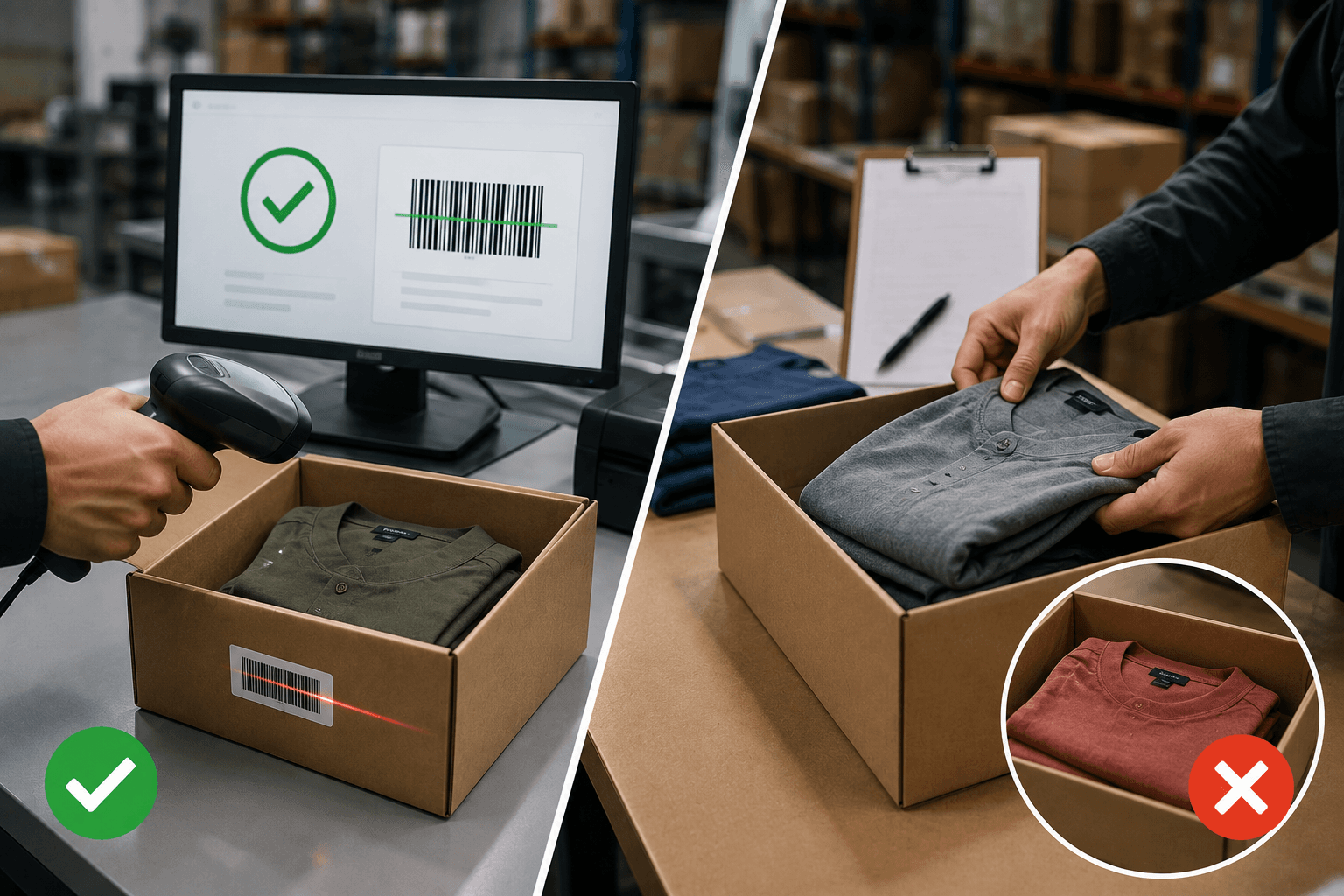 Barcode scanner verifying an order label on a packed parcel