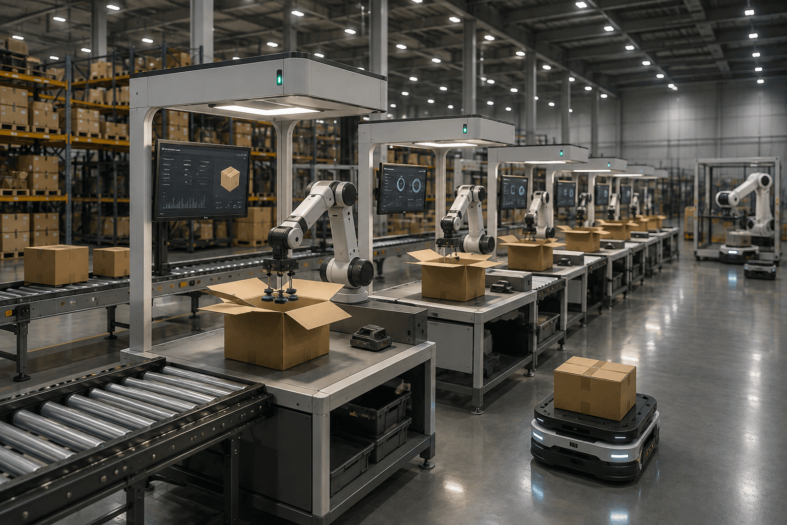 Multiple automated packing stations operating in a modern fulfillment center