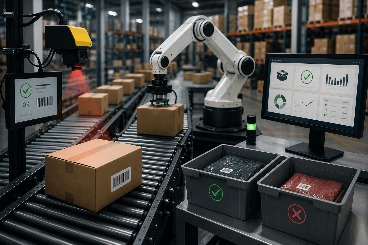 Conveyor belt carrying packed boxes through an automated warehouse