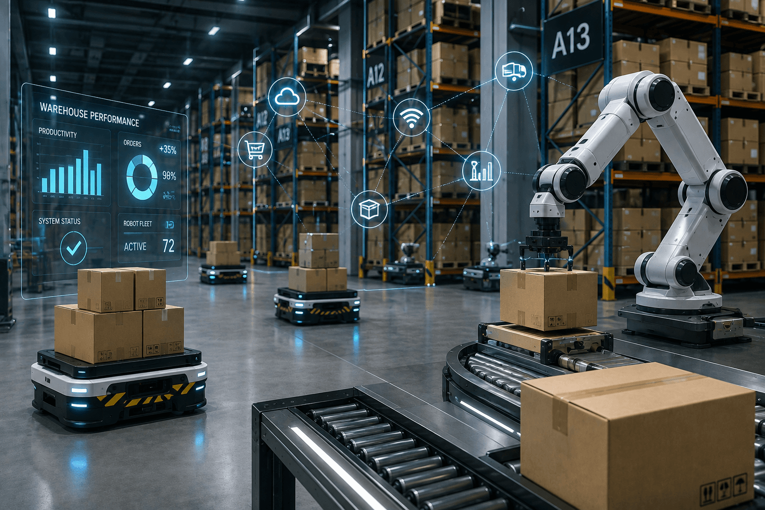 Futuristic warehouse with robotic arms and automated sorting systems